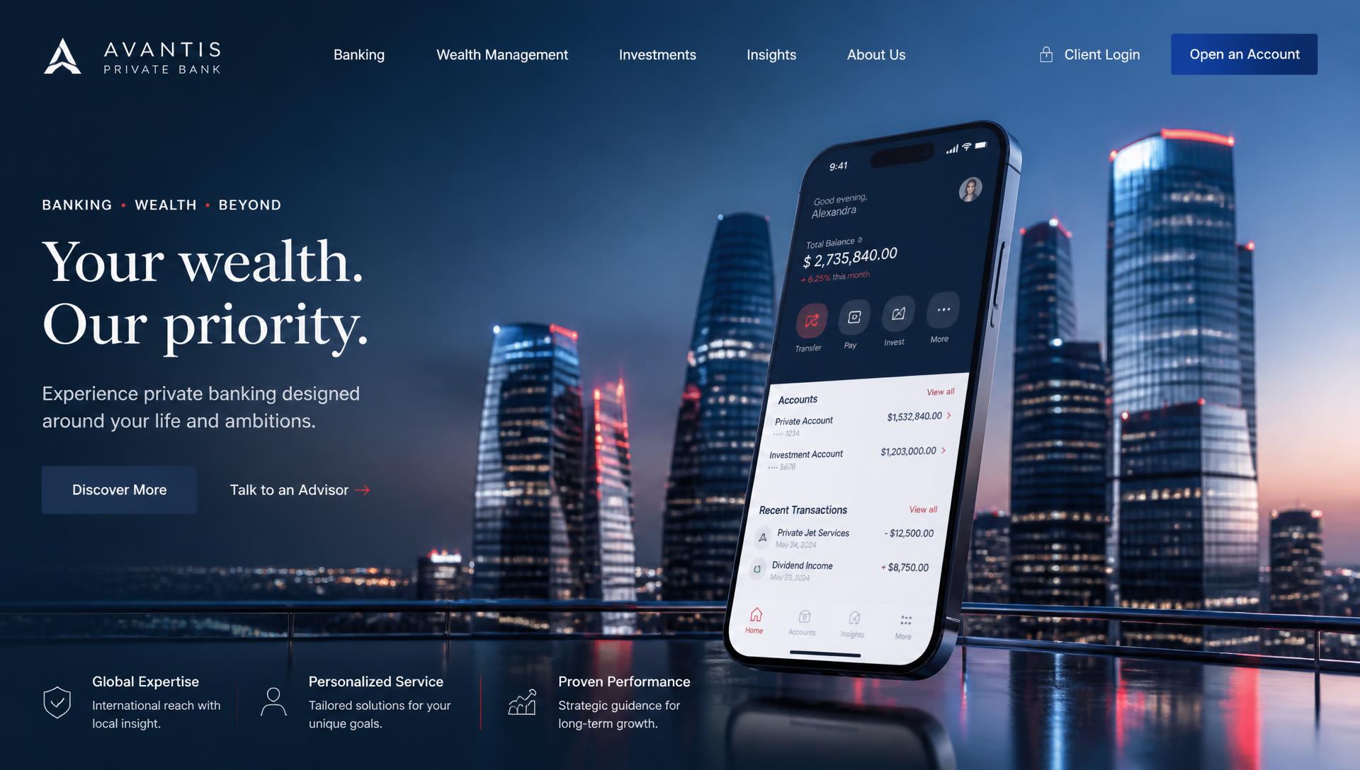 Modern city skyline with mobile banking app